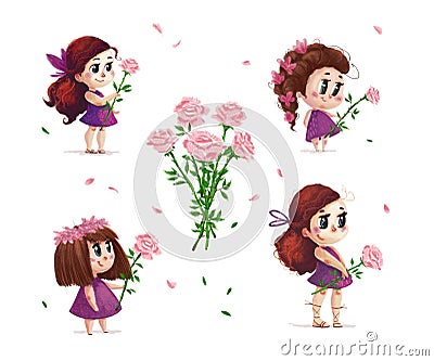 Hand drawn artistic portrait of little cute girl with roses bouquet standing set isolated on white background. Cartoon Illustration