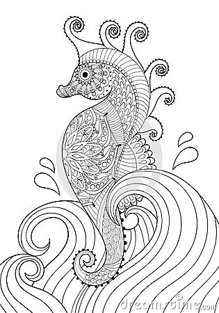 Hand drawn artistic Sea horse in waves for adult coloring page Vector Illustration