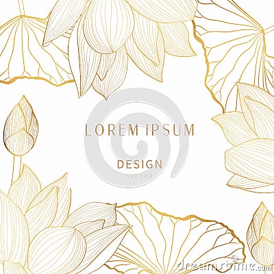 Hand drawn Asian symbols - line card template with lotus flowers and leaves on a white background. Vector Illustration