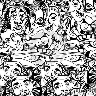 Hand drawn asians Buddhists people cartoon vector seamless pattern Vector Illustration