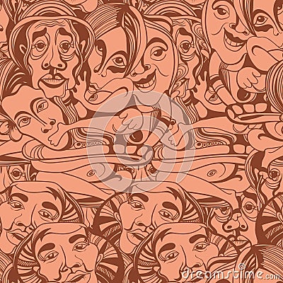 Hand drawn asians Buddhists people cartoon vector seamless pattern Vector Illustration