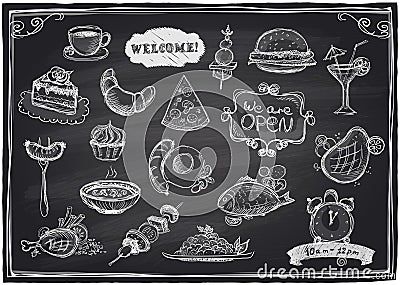 Hand drawn assorted food and drinks graphic. Vector Illustration