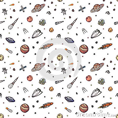 Hand drawn astronomy doodle seamless pattern. Vector Illustration