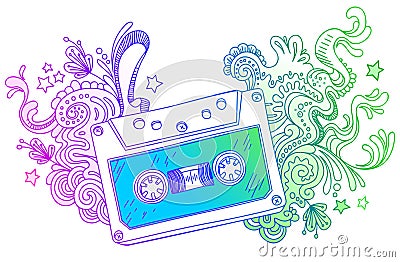 Hand drawn audio cassette with line art decor Vector Illustration