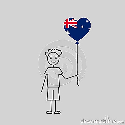 hand drawn australian boy, love Australia sketch, male chatacter with a heart shaped balloon, black line vector Vector Illustration