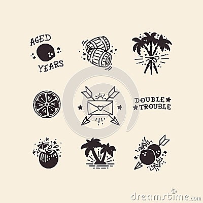 Hand drawn authentic vector icon set with tropical tattoo icons. Fruits, palms & rum inspired flash sheet. Stock Photo