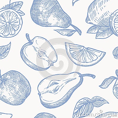 Hand Drawn Autumn Fruits Harvest Vector Seamless Background Pattern. Oranges, Lemon, Apples and Pears Sketches Card or Vector Illustration