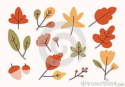 Hand drawn autumn leaves. Flat thanskgiving leaf element. wam color falling floral vector illustration Vector Illustration