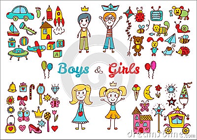 Hand drawn baby boy and girl toys set. Doodle children drawing. Vector Illustration