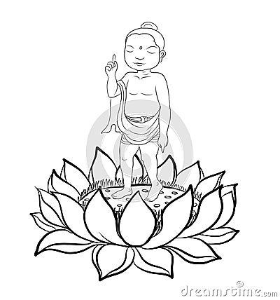 Hand drawn Baby Buddha born with Lotus Vector Illustration