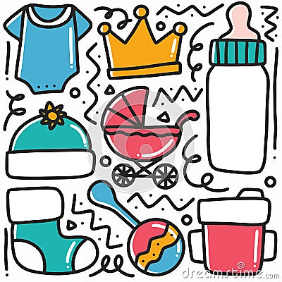 hand drawn baby stuff collection doodle set Vector Illustration