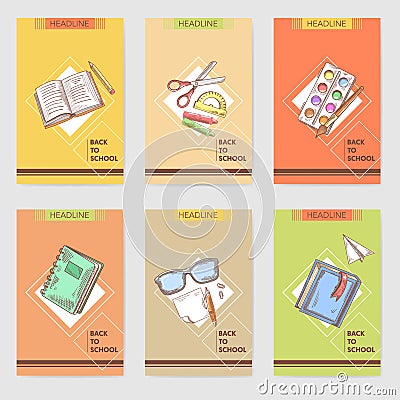 Hand Drawn Back to School Cards Brochure Design with Books, Notebook and Paints Vector Illustration