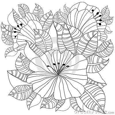 Hand drawn backdrop. Coloring book, page for adult and older children. Black and white abstract floral pattern. Design for Stock Photo