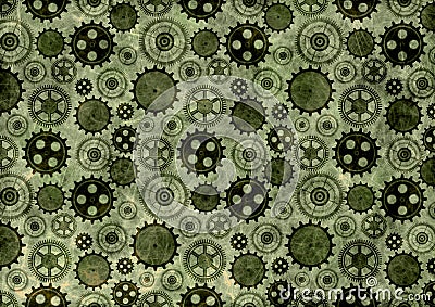 Hand drawn background with gear wheel.Abstract green grunge background with mechanism of watch. Stock Photo