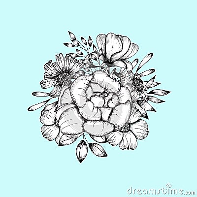 Hand drawn Black and White Flower Arrangement. Background for cards quotes and printing Cartoon Illustration