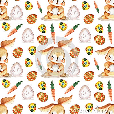 Hand drawn Watercolor Bunny and eggs Easter Seamless Pattern. Background wallpaper for fabric, paper and printing Cartoon Illustration