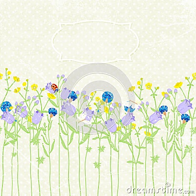 Hand drawn background invitation, wildflowers, butterfly and ladybug. vector illustration Vector Illustration