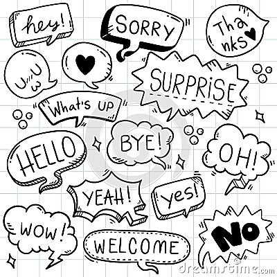 Hand drawn background Set of cute speech bubble eith text in doodle style Vector Illustration