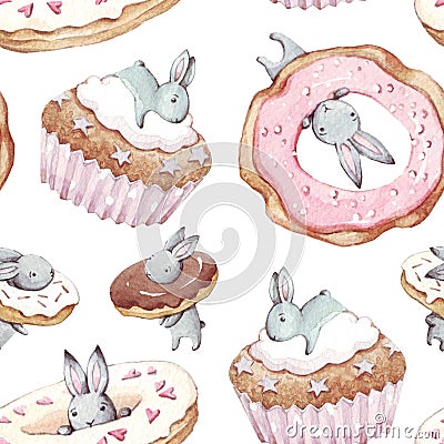 Hand drawn background. Watercolor seamless pattern with sweet rabbits, birthday cake, cupcake and donut. Stock Photo