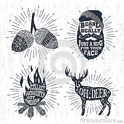 Hand drawn badges set with acorns, bearded face, bonfire, and deer illustrations. Vector Illustration