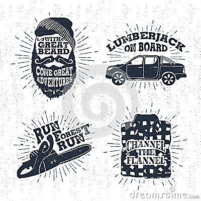 Hand drawn badges set with bearded face, pickup truck, chainsaw, and plaid shirt illustrations. Vector Illustration
