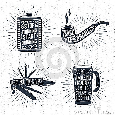 Hand drawn badges set with flask, smoking pipe, swiss knife, and thermo cup illustrations. Vector Illustration