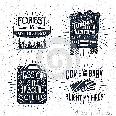 Hand drawn badges set with saw, logging truck, matches, and jerrycan illustrations. Vector Illustration