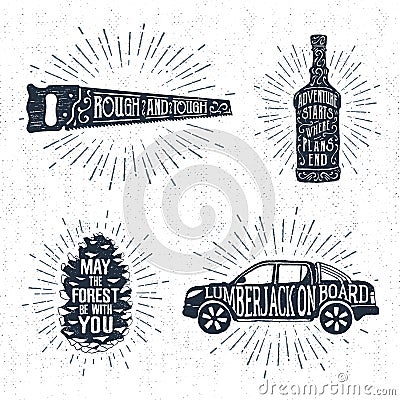 Hand drawn badges set with saw, whiskey bottle, fir tree cone, and pickup truck illustrations. Vector Illustration