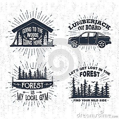 Hand drawn badges set with wooden cabin, pickup truck, saw, and spruce forest illustrations. Vector Illustration