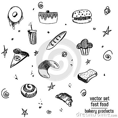 Hand Drawn bakery and fast food icon set. Blackboard stickers with chalk design. Vector illustration. Donut, soda, pizza and burge Cartoon Illustration