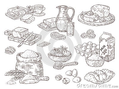 Hand drawn bakery goods. Butter milk eggs and flour culinary ingredients, butter and bread sandwiches. Vector isolated Vector Illustration