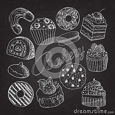 Hand Drawn Bakery Sweets Desserts Doodle on Chalkboard. Vector Illustration