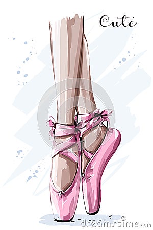 Hand drawn ballet dancer legs in pointe shoe. Sketch. Vector Illustration