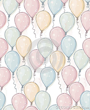 Hand Drawn Balloons Vector Pattern. Pastel Colors. Watercolor Style Design. Flying Balloons. Pink, Blue, Yellow and Gree Mint Ball Vector Illustration