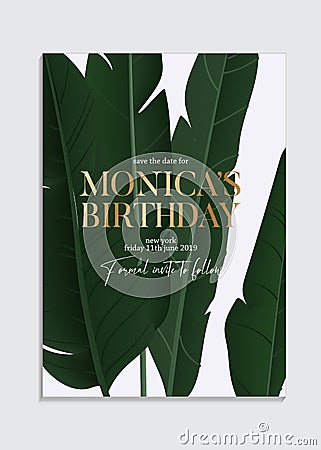 Hand drawn banana palm leaves Tropical dark green design with gold elements text, luxury birthday invitation card template design Vector Illustration