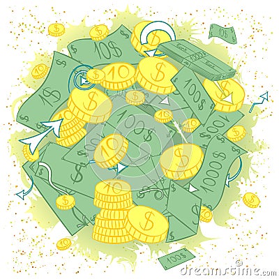 Hand Drawn Banknotes and Coins. Doodle Drawings of Cash Arranged in a Circle. Vector Illustration