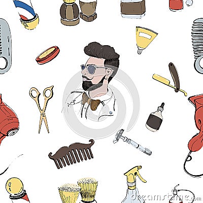 Hand drawn barbershop seamless with accessories comb, razor, shaving brush, scissors, hairdryer, barber s pole and Vector Illustration