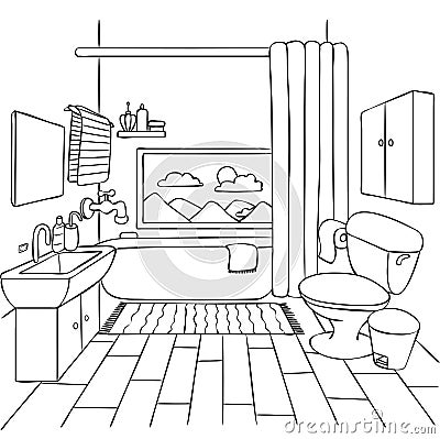 Hand drawn bathroom for design element and coloring book page for kids and adult. Vector illustration. Vector Illustration