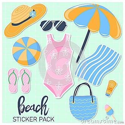 Hand drawn beach sticker pack . Tropical vacation. Summer holidays design elements Vector Illustration