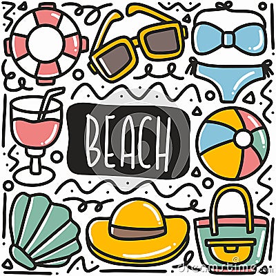 hand drawn beach vacation doodle set Vector Illustration