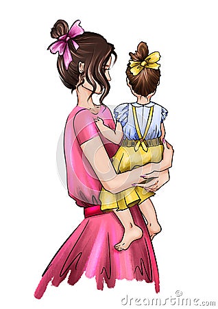 Hand drawn beautiful art of a woman with a baby girl in her arms. Fashionable woman in a pink dress. Stylish cute woman with hair Stock Photo