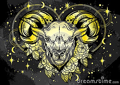 Hand-drawn beautiful artwork of a ram with peony flowers and astrology signs around. Aries, zodiac sign. Trendy vector art. Vector Illustration