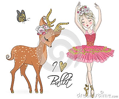 Hand drawn beautiful cute ballerina girl with little deer. Vector Illustration