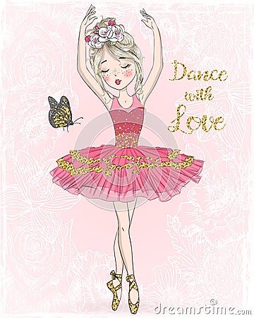 Hand drawn beautiful cute ballerina girl with little deer. Vector Illustration