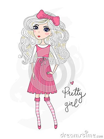 Hand drawn beautiful cute blonde girl with an inscription pretty girl.. Vector illustration. Vector Illustration