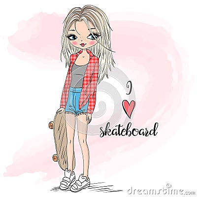 Hand drawn beautiful, cute blonde girl with skateboard. Vector Illustration