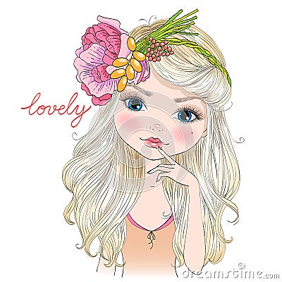 Hand drawn beautiful cute blonde girl in a wreath of flowers. Vector Illustration