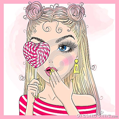 Hand drawn beautiful cute candy girl with lollipop. Vector Illustration