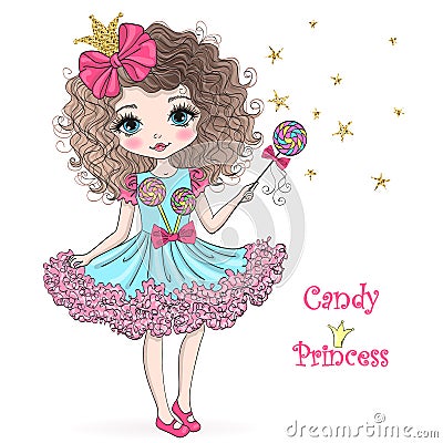 Hand drawn beautiful, cute, candy princess girl with crown. Vector Illustration