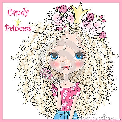 Hand drawn beautiful, cute, candy princess girl in a wreath with crown. Vector Illustration